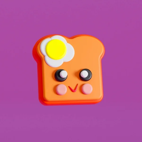 Yumurtalı tost ekmeği, karakter, kawaii, moda tarzı, 3D resimleme.