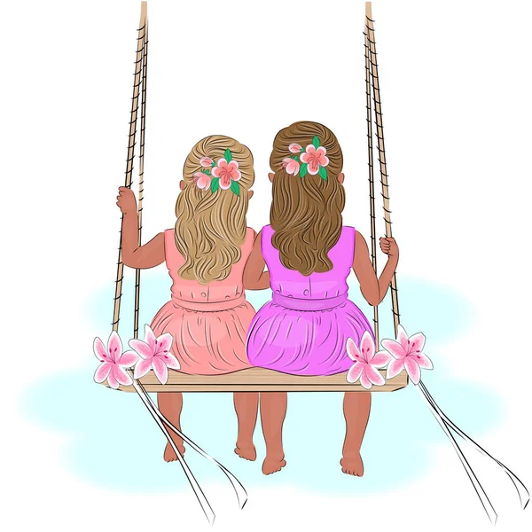 Twee schattige kleine meisjes zusjes schommelen op een schommel op het strand, of op de speelplaats tedere illustratie, zorg voor geliefden, print voor textiel, t-shirt, of verpakking — Stockvector