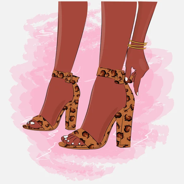 발굽 이 높은 표범 자국, 패션 삽화, 신발에 있는 여성의 다리, 귀여운 디자인, 패션 스타일, 직물에 있는 프린트, 티셔츠, 포장등 — 스톡 벡터