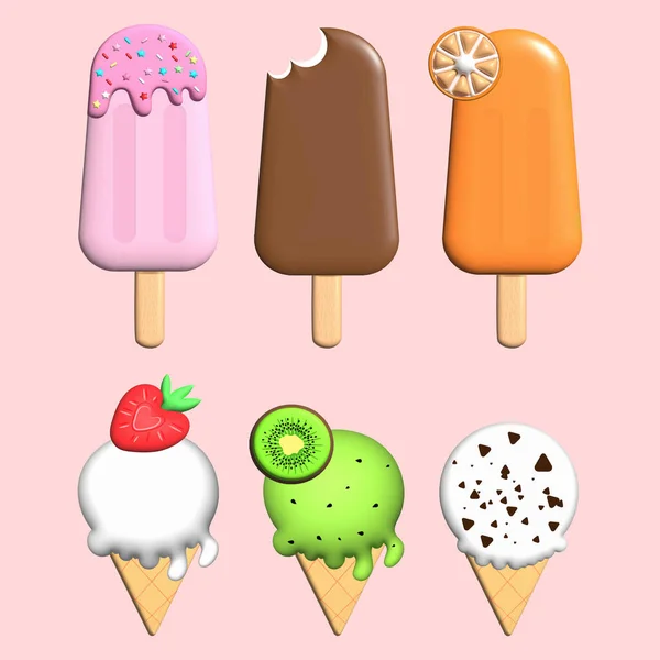 Helado en un palo y en conos de gofre 3d juguete de dibujos animados helados paletas para postre congelado embalaje publicidad diseño plantilla vector — Vector de stock