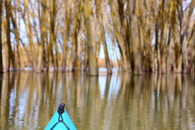 Tuna Nehri 'ndeki yüksek kaynak suları sırasında sel basmış ağaçlardaki mavi kanonun pruvasından görüntü. Sel basmış ağaçların arasında vahşi bir ormanda kano kullanmak..