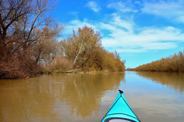 Tuna Nehri 'ndeki yüksek kaynak suları sırasında sel basmış ağaçlardaki mavi kanonun pruvasından görüntü. Sel basmış ağaçların arasında vahşi bir ormanda kano kullanmak..