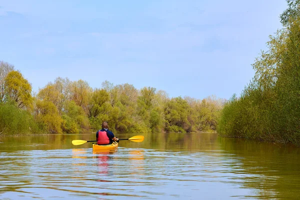 Spring Kayaking Concept Adventure Travel Action Lifestyle Rear View Kayaker — Stock Photo, Image