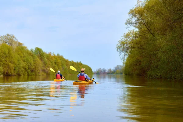 Due Kayak Gialli Fiume Danubio Primavera Kayak Nelle Aree Selvagge — Foto Stock