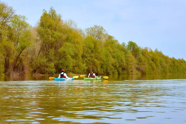 Две Женщины Весной Катаются Жёлтых Синих Каяках Реке Дунай Водный — стоковое фото