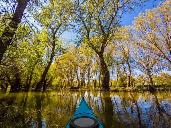 Schot Vanuit Het Oogpunt Van Paddler Van Blauwe Kajak Overstroomde — Stockfoto