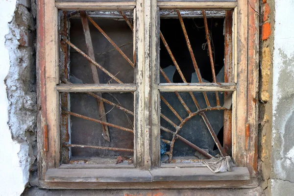 Old Wooden Window Lattice Broken Glass Stock Photo