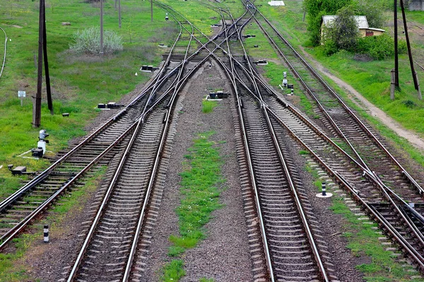 Järnväg Den Översta Vyn Rälsen Ledande Parallella Stålskenor Med Regelbundna — Stockfoto