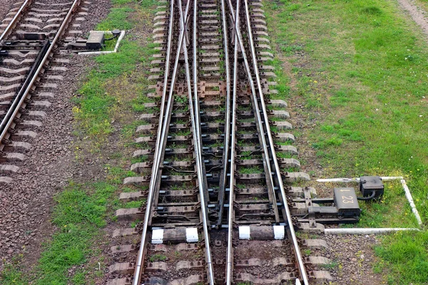 Ferroviária Vista Superior Sobre Carris Liderando Trilhos Aço Paralelos Com — Fotografia de Stock