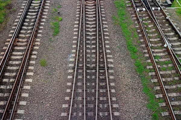 Järnväg Den Översta Vyn Rälsen Ledande Parallella Stålskenor Med Regelbundna — Stockfoto