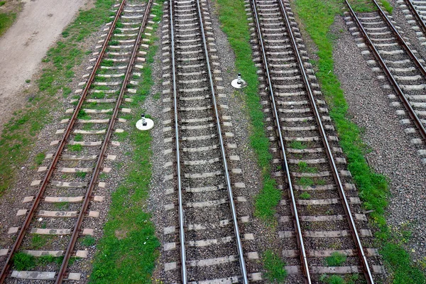 Ferroviária Vista Superior Sobre Carris Liderando Trilhos Aço Paralelos Com — Fotografia de Stock