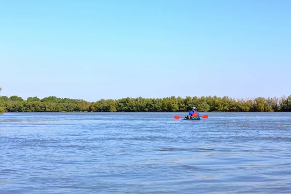 Man Paddles Red Kayak Danube River Summer — Stock Photo, Image