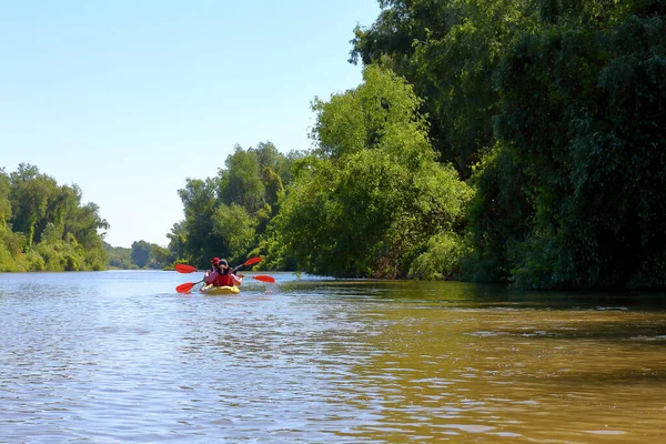 Dos Mujeres Reman Kayak Amarillo Río Danubio Turismo Acuático Recreativo — Foto de Stock