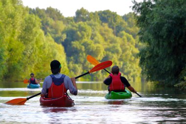 Bir grup arkadaş (insanlar) kanoyla seyahat eder. Yazın vahşi Tuna nehri ve biyosfer rezervlerinde birlikte kayak yapmak. Huzurlu bir nehir manzarası. Su turizmi kavramı