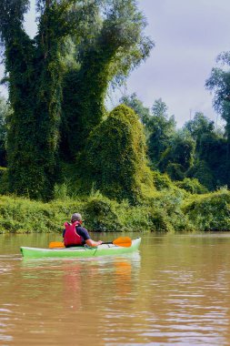 Yazın Tuna nehrinde yeşil kano süren bir adam. Yaz kayağı. Macera, seyahat, eylem, yaşam tarzı kavramı