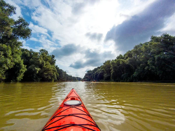 Kajakfahren Auf Der Donau Sommerferien Blick Über Bug Eines Roten — Stockfoto