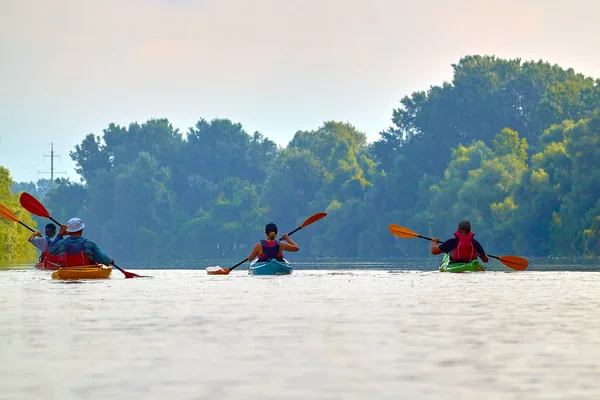 Groupe Amis Personnes Voyagent Kayak Kayak Ensemble Dans Danube Sauvage — Photo