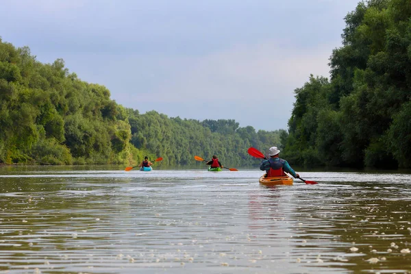 Grupo Amigos Personas Viajan Kayaks Kayak Juntos Río Danubio Salvaje — Foto de Stock