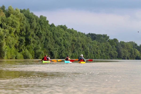 Grupo Amigos Personas Viajan Kayaks Kayak Juntos Río Danubio Salvaje — Foto de Stock
