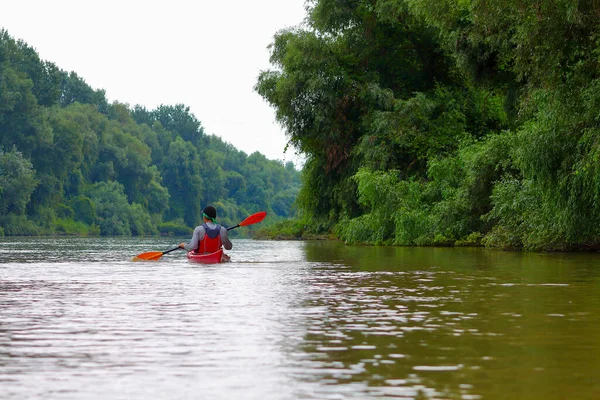 Vista Trasera Del Kayak Rojo Remo Adolescente Río Danubio Verano — Foto de Stock