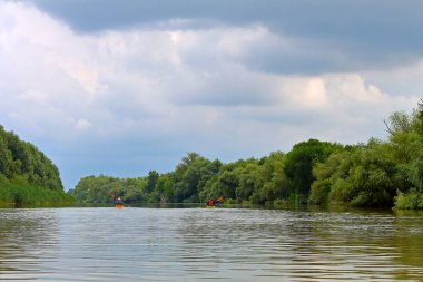 İki kano içindeki insanların dikiz aynasından. Yazın Tuna Nehri 'nde kayak yaparken arka planda yeşil ağaçlar vardı. Sudaki turizm ve açık hava aktiviteleri kavramı