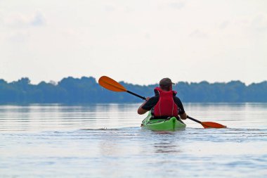Yazın erken saatlerinde Tuna nehrinde yeşil kano süren bir adam. Yaz kayağı. Macera, seyahat, eylem, yaşam tarzı kavramı
