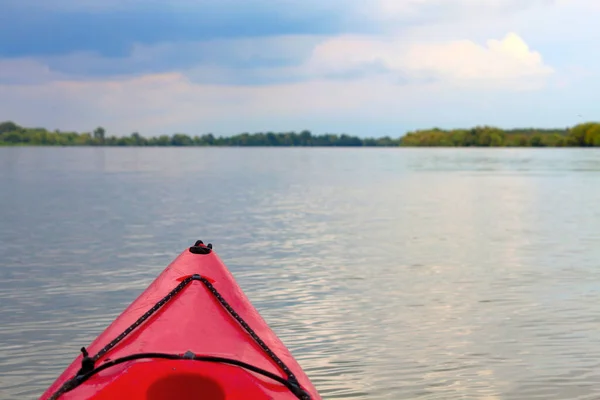 Kayaking Danube River Calm Summer Day View Bow Red Kayak — Stock Photo, Image