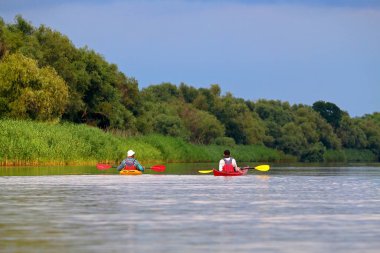 İki kano içindeki insanların dikiz aynasından. Yazın Tuna Nehri 'nde kayak yaparken arka planda yeşil ağaçlar vardı. Sudaki turizm ve açık hava aktiviteleri kavramı