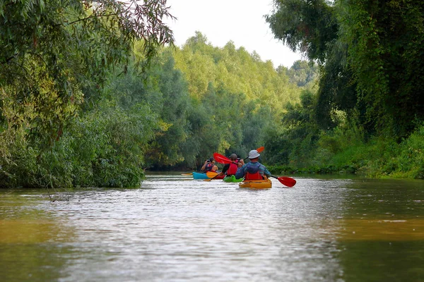 Groupe Amis Personnes Voyagent Kayak Kayak Ensemble Dans Danube Sauvage — Photo