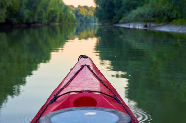 Yüksek yetişmiş yeşil, sık ağaçlardan oluşan kıyılarda kano yapıyorlar. Sabah Tuna nehrinde kırmızı kano yayı.