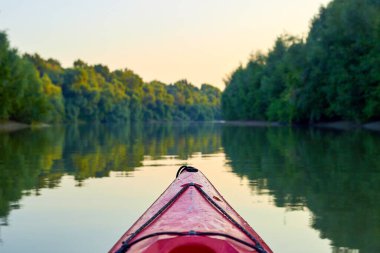 Yazın nehrin kıyısında, ağaçlardan ve üzümlerden oluşan yeşil sık çalılardan oluşan kayık kıyılarında. Tuna Nehri 'ndeki kırmızı kanonun yayı.