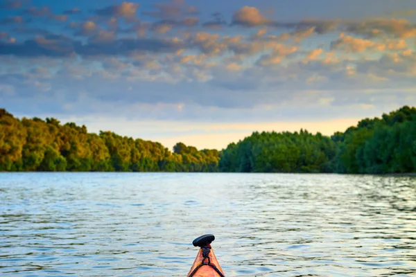 Bow Red Kayak Danube River Summer Kayaking Shores Overgrown Green — Photo