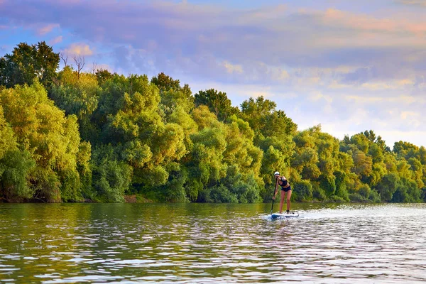 Stand Paddle Boarding Danube River Summer Morning Girl Perfect Body —  Fotos de Stock