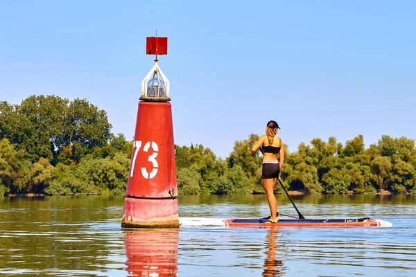 Athletic Girl Perfect Body Standing Paddle Stand Paddle Board Paddleboard —  Fotos de Stock