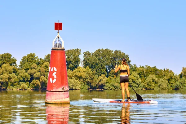 Athletic Girl Perfect Body Standing Paddle Stand Paddle Board Paddleboard — Fotografia de Stock