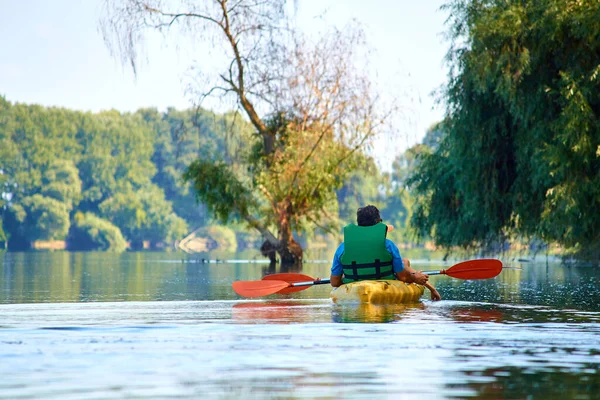 Father Son Kayaking Yellow Kayak Summer Danube River — 스톡 사진