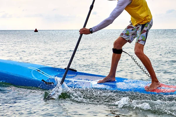 Man Training Sup Board Sea Stand Paddle Boarding Awesome Active — Foto Stock