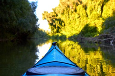 Bow (prow) of blue kayak against a background of green summer trees illuminated by the rays of the setting sun at the shore of Danube river. Kayaking on peaceful calm lake or river
