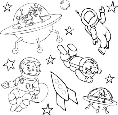 Uzaydaki hayvan astronotlar ve uzaylılar. Siyah ana hatlı görüntü..