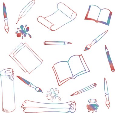 Kağıt, kitap, brushe. Beyaz arka planda gökkuşağı ana hatları.