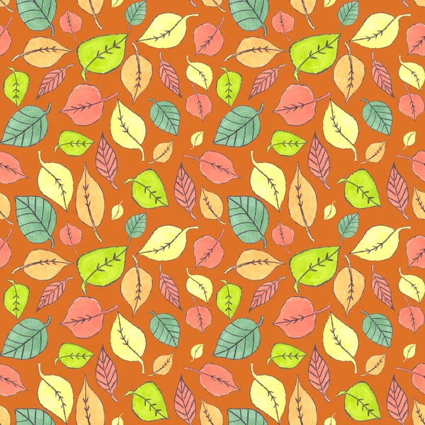 Симпатичный Осенний Разноцветный Акварель Листья Каракули Оранжевом Фоне Геометрический Бесшовный — стоковое фото