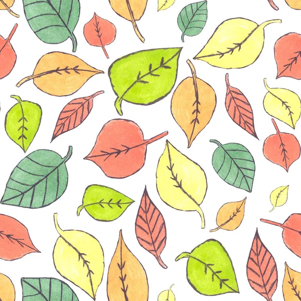 Leuke Herfst Veelkleurige Aquarel Doodle Bladeren Witte Achtergrond Geometrische Naadloze — Stockfoto