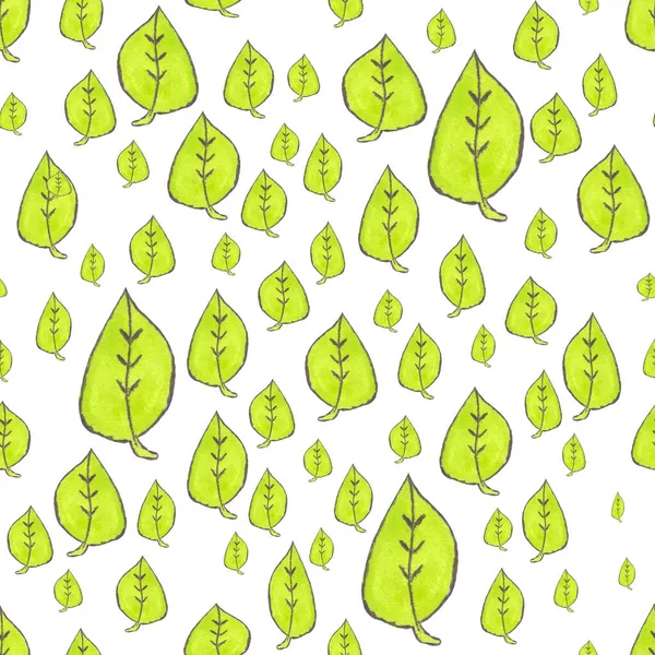 Mignon Vert Aquarelle Feuilles Doodle Sur Fond Blanc Motif Géométrique — Photo