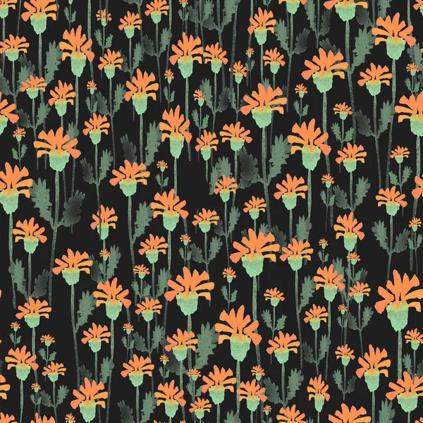 Leuke Kleine Aquarel Bloemen Calendula Een Zwarte Achtergrond Geometrisch Naadloos — Stockfoto