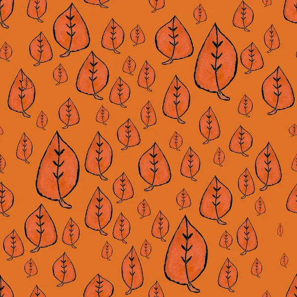 Симпатичные Оранжевые Листья Акварели Оранжевом Фоне Геометрический Бесшовный Узор — стоковое фото