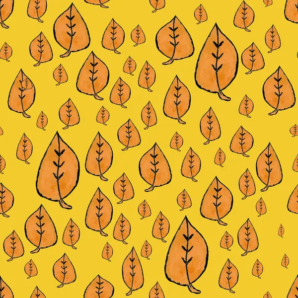 Симпатичные Оранжевые Листья Акварели Желтом Фоне Геометрический Бесшовный Узор — стоковое фото
