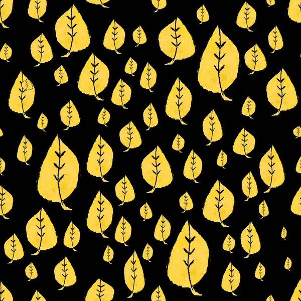 Schattig Geel Aquarel Doodle Bladeren Zwarte Achtergrond Geometrisch Naadloos Patroon — Stockfoto