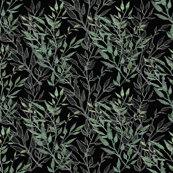 Зеленые Ветки Черном Фоне Геометрический Бесшовный Узор — стоковое фото