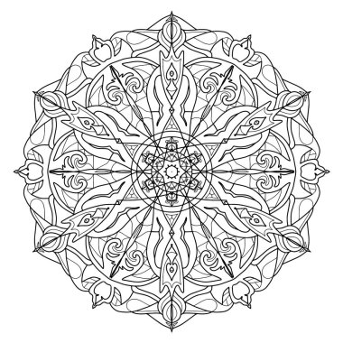 Boyama kitabı, tebrik kartı, telefon kılıfı baskısı için mandala şeklinde çizilmiş dairesel desen. Stres önleyici terapi kalıpları, yetişkinler için boyama. El çizimi arkaplan, soyut yuvarlak süs.