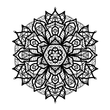 Doodle Mandala siyah beyaz. Boyama kitabı, tebrik kartı, telefon kılıfı baskısı için mandala şeklinde dairesel desen. Stres önleyici terapi kalıpları, yetişkinler için boyama. El çizimi arkaplan, soyut yuvarlak süs.